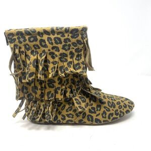 Monkey Feet Womens Boots Zip Back Size 40 US 9/9.5 Leopard Print  Leather Fringe